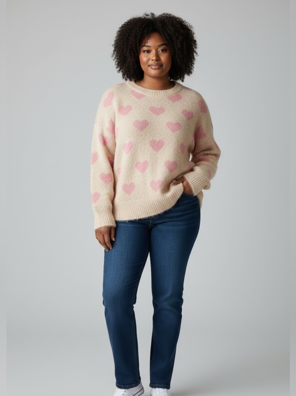 CeCe Cream Sweater with Pink Heart Pattern
